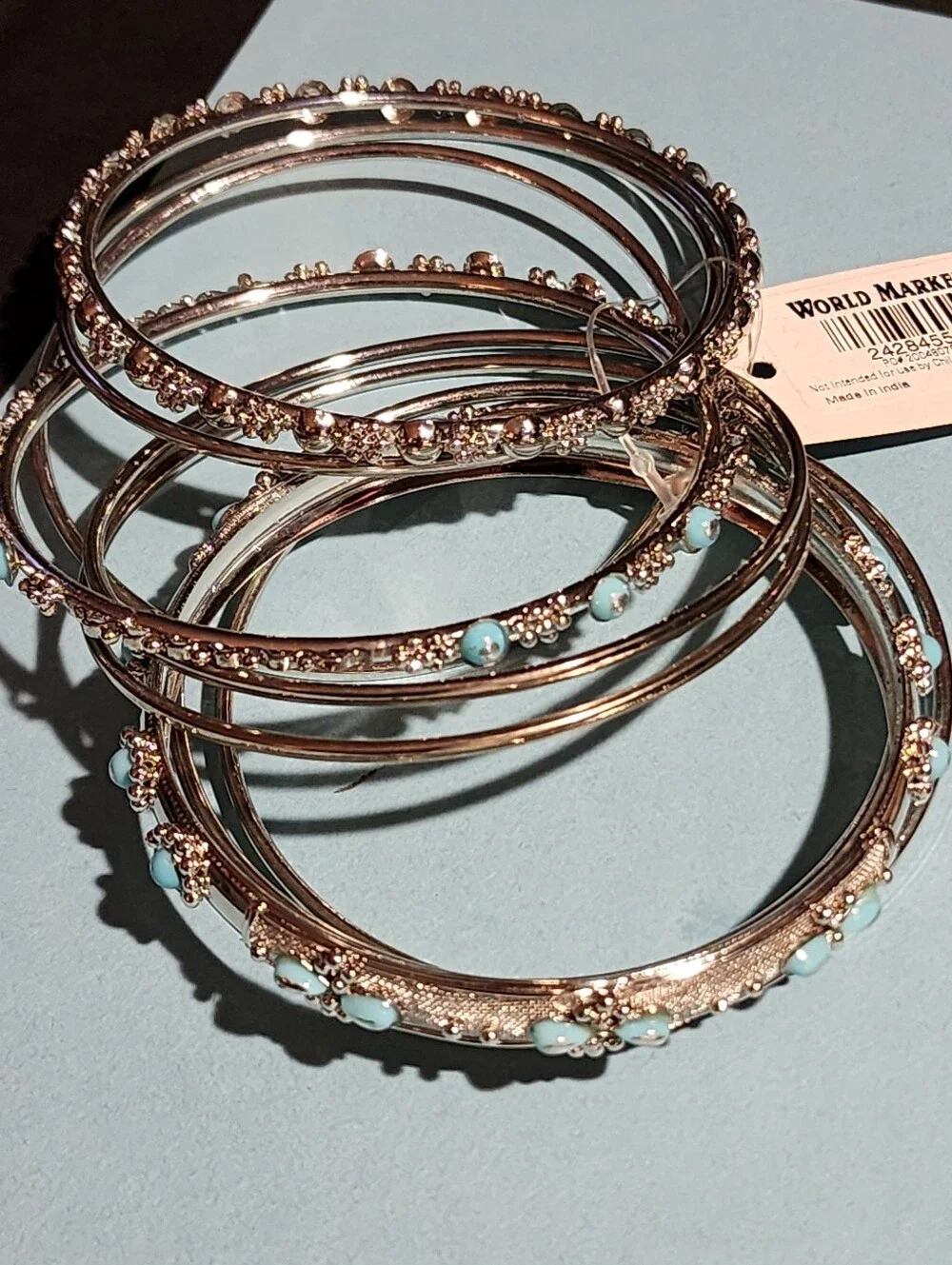 World Market L/XL Metal Bangle Bracelets 9 Pieces In Colors Silver And Sky Blue